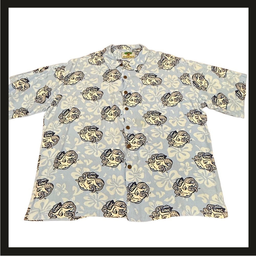 UNC Tar Heels Ramses Aloha Hawaiian Shirt Men’s Large Treefort Rayon Blue EUC